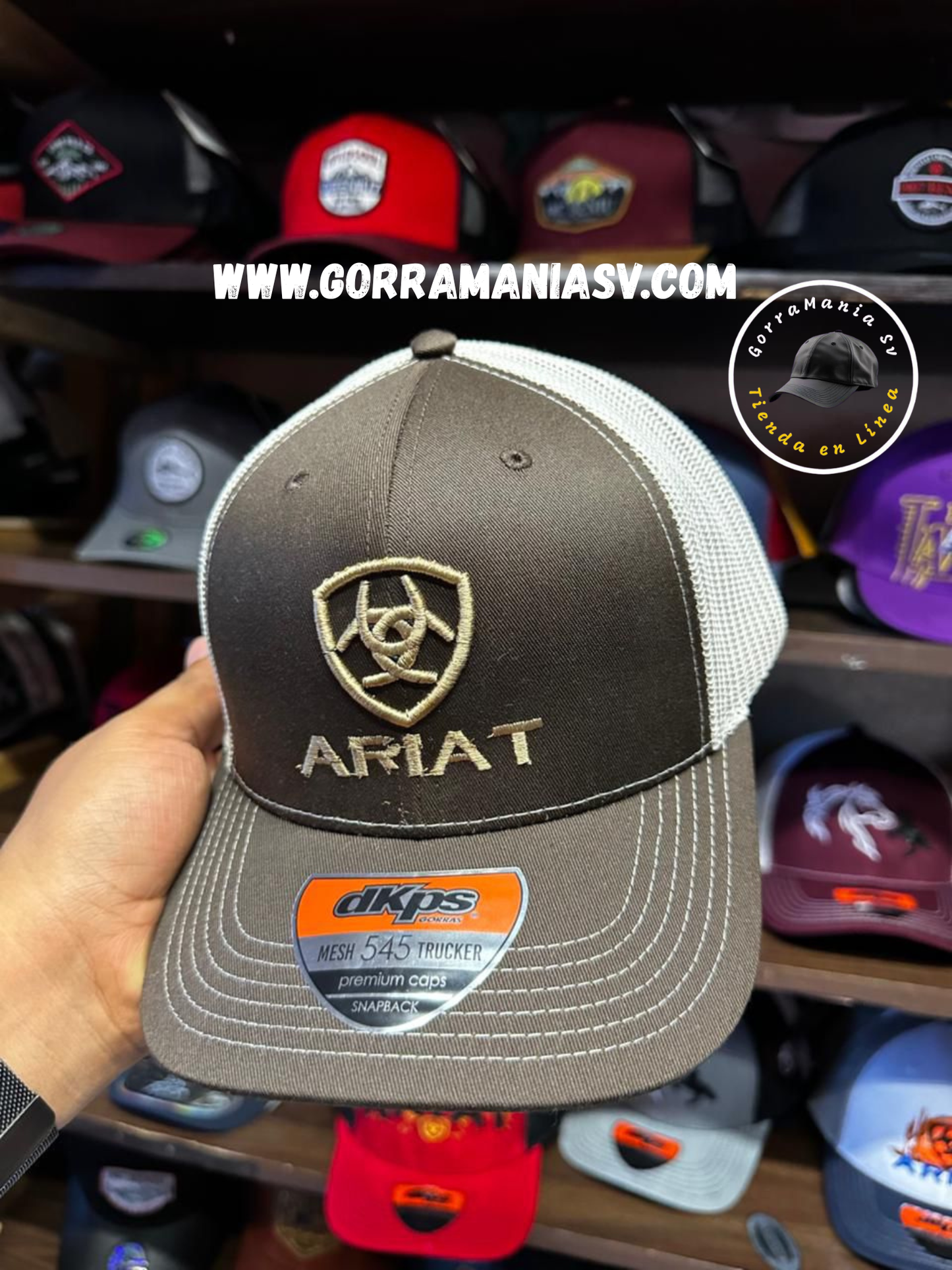 Gorra dkps Trucker Ariat Café/Beige - Logo Escudo Bordado (Mesh 545)